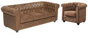 Kanapa 3-osobowa i fotel CHESTERFIELD z mikrofibry o wyglądzie postarzanej skóry