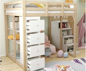 Łóżko mezzanine 140x200cm z litego drewna - z 4 szufladami i schodami do przechowywania - Naturalne (materac nie jest w zestawie)