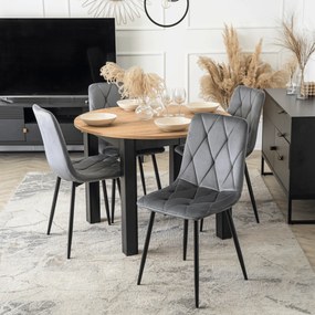 Zestaw Stół Okrągły Rozkładany HARRY 102-142 cm Dąb Craft/Czarny i 4 Krzesła Tapicerowane ROBIN Szare Nowoczesne