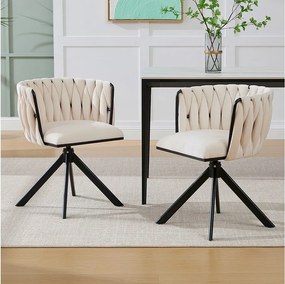 Zestaw 2 krzeseł do jadalni z aksamitu w kolorze kości słoniowej z funkcją obrotową i czarnymi metalowymi nogami