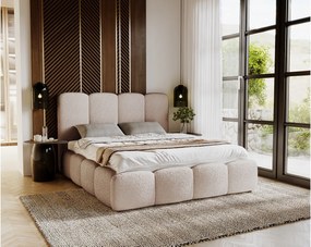 Emporius Merkad Boucle łóżko tapicerowane 160x200 - łóżko z pojemnikiem, gruba pianka, stelaż - elegancki design, tkanina boucle, beżowy (Anthology 3)