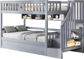 Łóżko piętrowe młodzieżowe - 90 x 200 cm - schowek hydrauliczny + schody do przechowywania + półki - drewno - szare