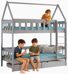 Szare łóżko piętrowe domek dla dzieci 2-osobowe K4-S95