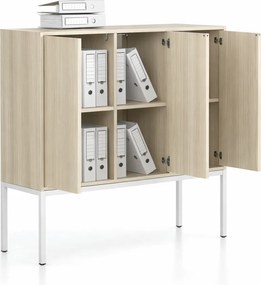 Szafa biurowa FRAME, niska, podstawa biała, 3x drzwi, 1299 x 450 x 1331 mm, PUSH-lock, dąb naturalny