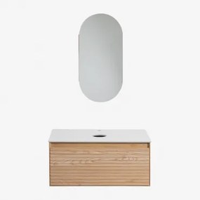 Zestaw Wiszących Mebli Łazienkowych Z Drewna Jesionowego Tedrik Popielaty Brąz & Without Sink & Owalny Ze Schowkiem 45x90 Cm Abner & Bez Kranu - Sklum