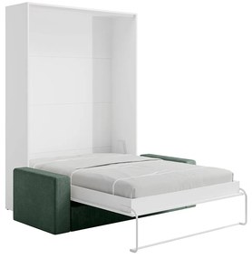 Łóżko chowane szafie 140 x 200 cm - Otwieranie pionowe ręczne - Białe + Zielona kanapa - BEGANIO