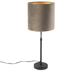 Lampa stołowa regulowana czarna klosz welurowy szarobrązowy 25cm - ParteWiejski/ Rustykalny / Vintage Oswietlenie wewnetrzne