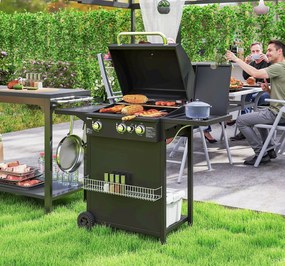 Outsunny Grill gazowy 9,5 KW z wózkiem, 4 palniki, boczny palnik, 123 x 57 x 98 cm Czarny