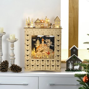 HOMCOM Kalendarz świąteczny do napełnienia, 24 szufladki z diodami LED, drewno naturalne, 36 x 9 x 52 cm | Aosom PL