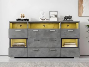 Bufet niski z oświetleniem LED - 2 drzwi, 3 szuflady i kilka otwartych przegrodów - Szary