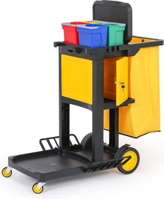 Profesjonalny wózek sprzątający z 4 wiadrami, uchwytami na mopy, szafką i workiem z pokrywą, 1120 × 710 × 1100 mm