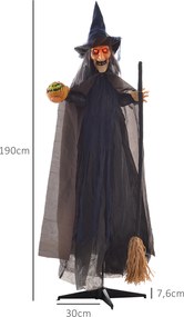 HOMCOM Dekoracja na Halloween Czarownica z miotłą, świecące oczy, straszne dźwięki, elastyczne ramiona, 107x65x190 cm
