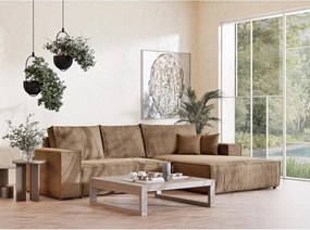 Jasnobrązowy rozkładany/ze schowkiem narożnik z tkaniny szenilowej (prawostronny/z szezlongiem) Maze – Maison de Rêve