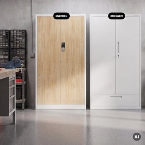 Szafa biurowa metalowa z zamkiem na szyfr biała/dąb sonoma, 900x1850x400 mm: DANIEL Eco Design