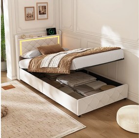 Rama łóżka platformowego 90×200 cm z zagłówkiem LED RGB, hydraulicznym schowkiem, 2 portami USB – aksamit beżowy