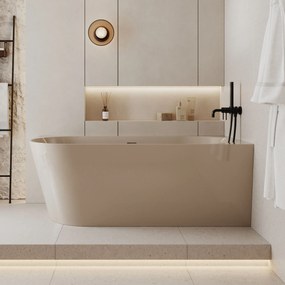 Wanna wolnostojąca narożna WALL Beige Matt / Glow prawa konglomerat beżowa błyszcząca/matowa 160 x 75 cm z przelewem typu SLIM : Kolor wanny - Beż połysk
