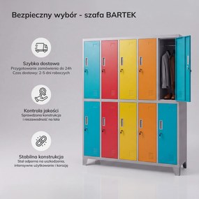 Szafa BHP ubraniowa 10-drzwiowa szaro-wielokolorowa: BARTEK 1360 x 1720 x 450 mm