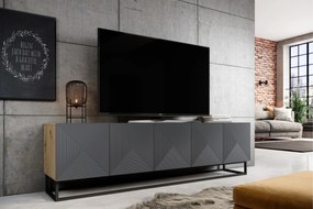 Szafka RTV Asha 200 cm z ryflowanym frontem i metalowym, czarnym stelażem - artisan / rivier stone mat