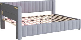 Leżanka 140x200 cm - Szary aksamit - Łóżko dla dorosłych z lampkami LED i portem ładowania USB - Bez materaca