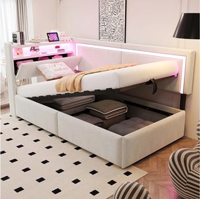 Łóżko dziecięce z pojemnikiem - 90 x 200 cm - z diodami LED + USB + otwierany zagłówek + hydrauliczny schowek - welur - beż