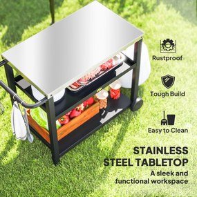 Outsunny Wózek Grillowy 3-Poziomy z Powierzchnią Roboczą, Półkami, Haczykami, Kołami, Stal Nierdzewna 102x50x81cm Węgielny Szary