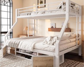 Łóżko piętrowe 90x200 cm + 140x200 cm - z półką na buty - przegrody przechowawcze - barierki bezpieczeństwa i drabina - biały