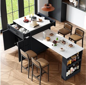 Rozkładany stół barowy z miejscem do przechowywania - 133-202 x 70 x 93,5 cm - z 2 szufladami + 4 przegródkami - MDF - czarny