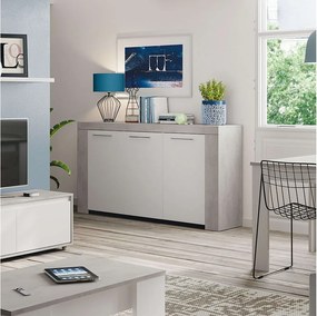 Bufet WENDY 3 drzwi L144cm - Biały i beton, Nowoczesny design, Przestronne przechowywanie