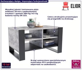 Loftowa ława kawowa z półkami czarny + beton - Lajra