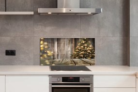 Szklany Panel Choinka i Lampki na Drewnie