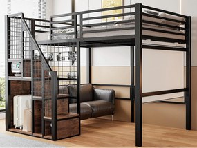 Łóżko mezzanine dla dzieci 140x200cm - z drabiną bezpieczeństwa i schowkami - Czarne