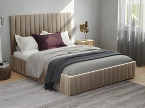 Łóżko ze skrzynią 160 x 200 cm i zagłówkiem z pionowymi przeszyciami – welur – Taupe + Materac - LARALI marki Pascal Morabito
