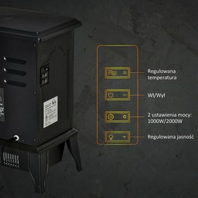 HOMCOM Elektryczny Kominek Wolnostojący, Efekt Płomieni, 2 Tryby Grzewcze 1000W/2000W, Hartowane Szkło, Czarny, 36,5x24x45,5 cm
