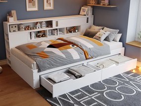 Łóżko dziecięce 90x190 cm - z 2 szufladami - Regulowane boczne półki - MDF - Biały​ (bez materaca)