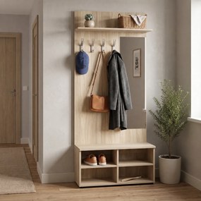 Garderoba z szafką na buty i lustrem PRIMO WOOD, 4 haczyki, półka, tekstura drewna pionowa, dąb naturalny