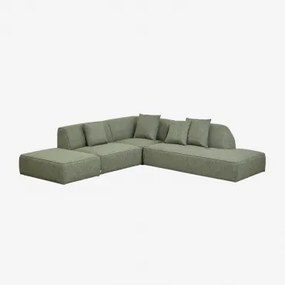 Sofa Narożna Modułowa Cardea 3-częściowa Z Szezlongiem Po Prawej Stronie I Tapicerowanym Pufem Bouclé Salvia Zieleń - Sklum