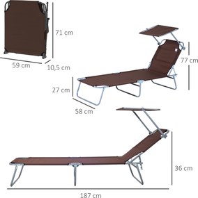 Outsunny Leżak ogrodowy składany z daszkiem przeciwsłonecznym na plażę brązowy 187x58x36 cm | Aosom PL