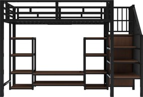 Łóżko piętrowe 90x200 cm ze stojakiem pod TV, gniazdkiem elektrycznym, drabinką bezpieczeństwa, konstrukcja metalowo-drewniana, oszczędność miejsca, kolor czarny