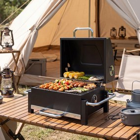 Outsunny Grill na węgiel drzewny ze stali przenośny BBQ Smoker z pokrywą regulowanymi otworami wentylacyjnymi dwupoziomowy pojemnik na węgiel termometr | Aosom PL