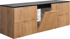Szafka łazienkowa wisząca pod umywalkę z koszem na pranie, dąb craft / blat czarny, uchwyty złote, 160 x 46 x 57 cm