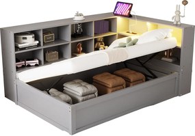Łóżko z pojemnikiem 90x200 cm – z oświetleniem LED i otwartą przestrzenią – szare