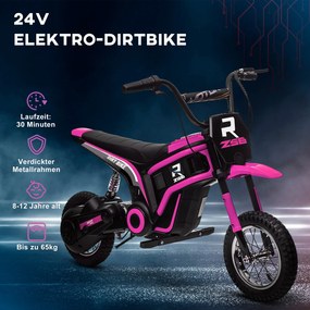 HOMCOM Elektryczny Motocykl dla Dzieci, 24V z Klaksonem, Światłem, Dźwignią Gazu, 8-16 km/h, 8-12 lat, Różowy