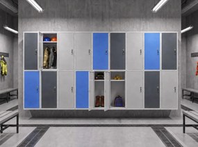 Szafka ubraniowa z schowkami zamykanymi 700 x 350 x 350 mm, zamek cylindryczny, niebieskie drzwi