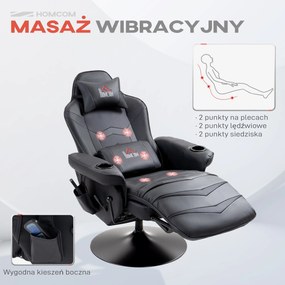 HOMCOM Fotel Gamingowy z Masażem, Regulowane Oparcie, Podnóżek, do 120 kg, Stelaż Stalowy, Sztuczna Skóra, Czarny | Aosom PL