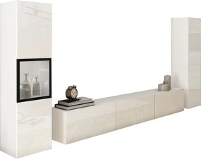 Nowoczesna meblościanka z oświetleniem LED, zestaw wisząco-stojący 3-elementowy z szafką RTV 180 cm, witryną i słupkiem, korpus biały mat, fronty biały połysk