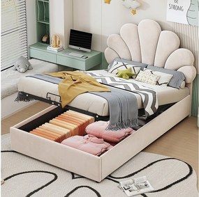 Łóżko z pojemnikiem 90 x 200 cm z regulowanym zagłówkiem w kwiaty - tkanina aksamitna - beż (bez materaca)