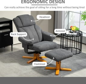 HOMCOM Regulowany fotel z pufą z wysokim oparciem i drewnianą ramą do salonu, sypialni, Ciemnoszary