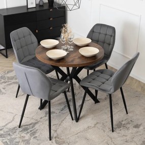 Zestaw Stół Okrągły Rozkładany DORIAN 80-160 cm Dąb Rustykalny/Czarny i 4 Krzesła Tapicerowane do Jadalni LUCKY Szare Welurowe