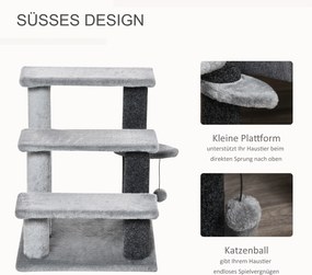 PawHut Drabinka dla Kota 3-stopniowa z Kratzami i Piłką, Drabinka dla Zwierząt dla Kotów do 5 kg Plusz Juta Szary 45 x 40 x 48 cm