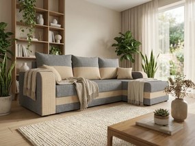 Rozkładany obustronny zestaw wypoczynkowy w kształcie L VALERIO 238x140 cm, jasnoszary/beżowy + 2 poduszki GRATIS